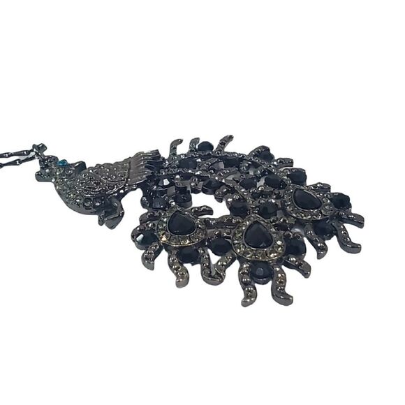 Rhinestone Peacock Pendant Necklace Hematite Tone - Picture 4 of 6